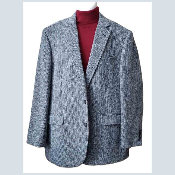 Brooks Brothers Harris Tweed Scotland Gray Wool Herringbone Blazer Size 44L - Picture 1 of 4